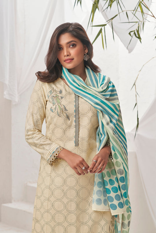 Ruia Linen Embroidered Suit With Printed Ruia Linen Dupatta Available in Cream