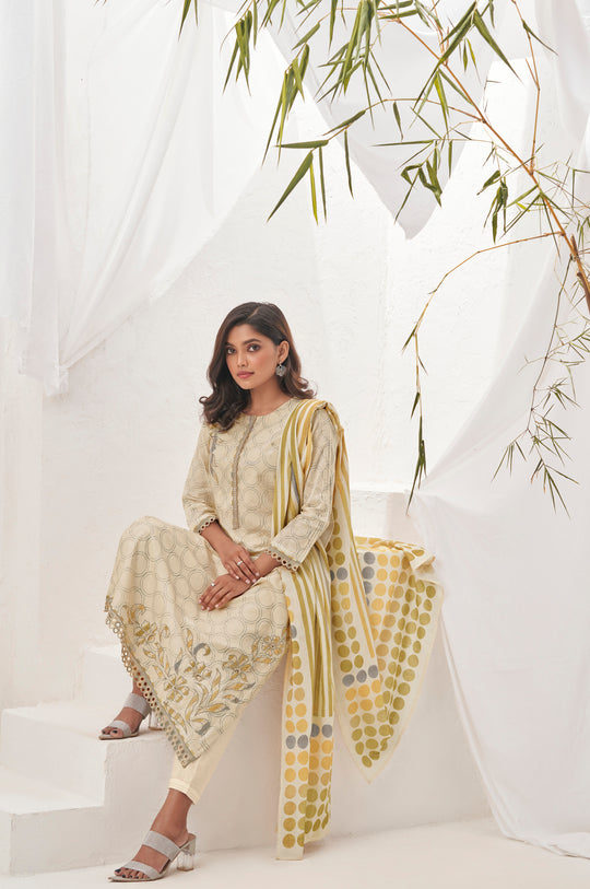 Ruia Linen Embroidered Suit With Printed Ruia Linen Dupatta Available in Cream