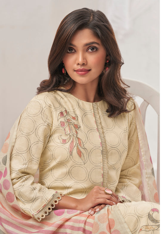 Ruia Linen Embroidered Suit With Printed Ruia Linen Dupatta Available in Cream