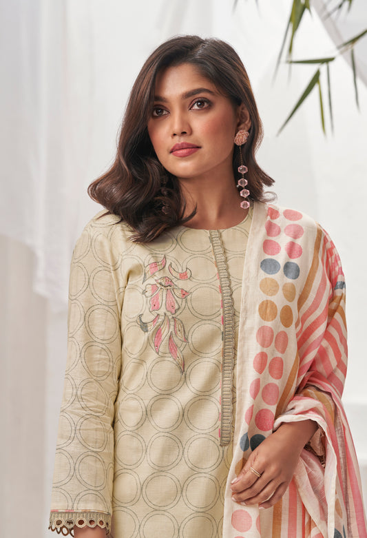 Ruia Linen Embroidered Suit With Printed Ruia Linen Dupatta Available in Cream