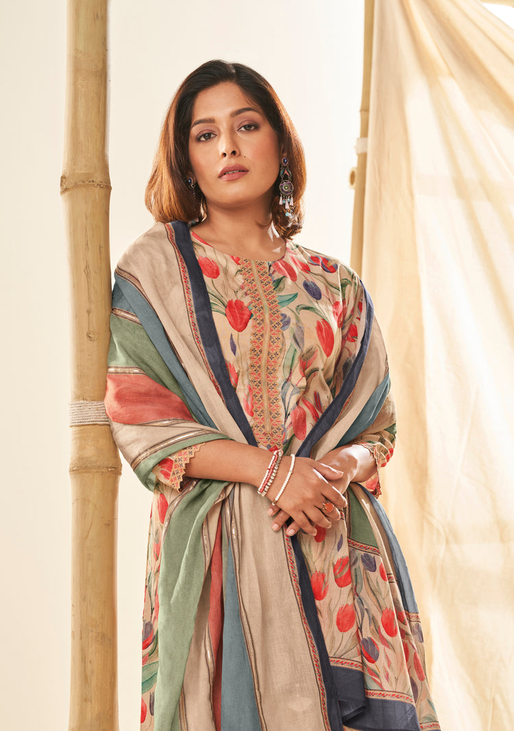 Lawn Cotton Embroidered Suit With Printed Malmal Cotton Dupatta Available in Cream