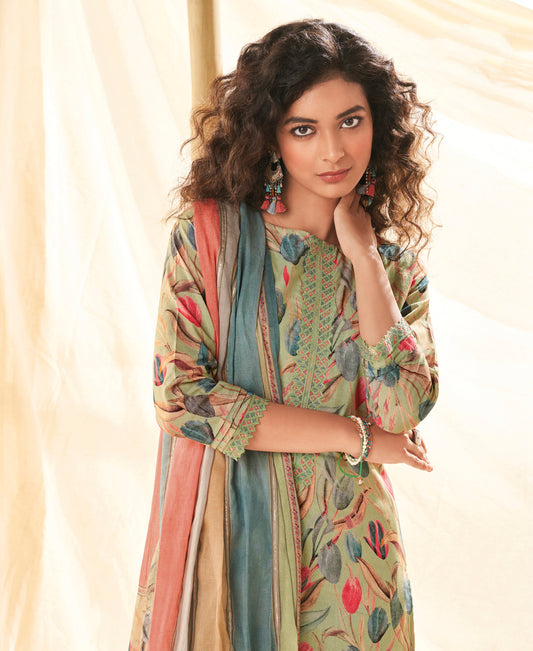 Lawn Cotton Embroidered Suit With Printed Malmal Cotton Dupatta Available in Olive Green