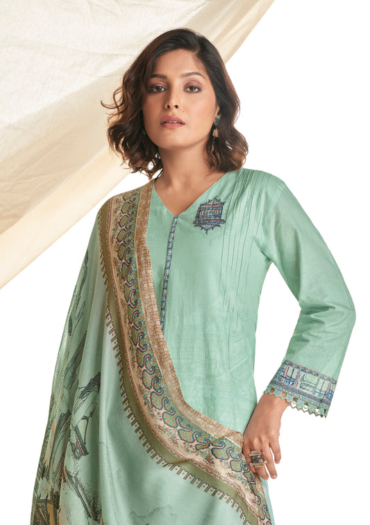 Lawn Cotton Print With Handwork Suit With Printed Muslin Dupatta Available in Tiffany Blue