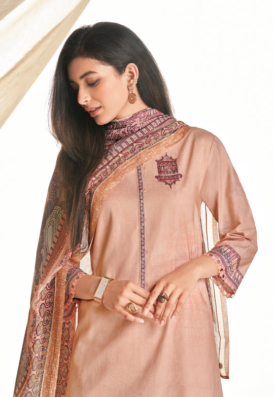 Lawn Cotton Print With Handwork Suit With Printed Muslin Dupatta Available in Light Brown