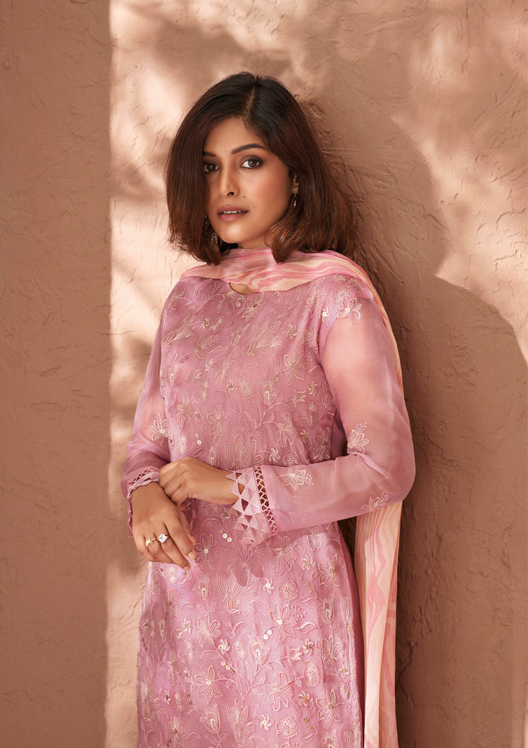 Pure Chiffon Embroidered Suit With Printed Bemberg Chiffon Dupatta Available in Crepe Pink