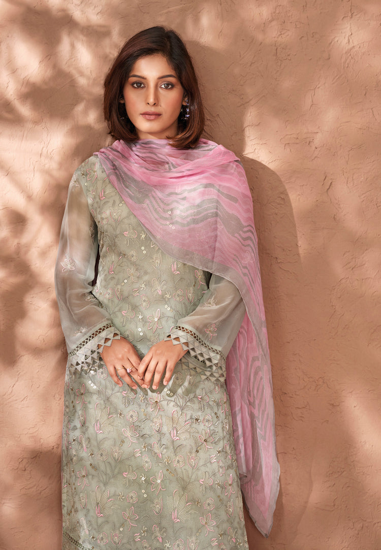 Pure Chiffon Embroidered Suit With Printed Bemberg Chiffon Dupatta Available in Tea Green