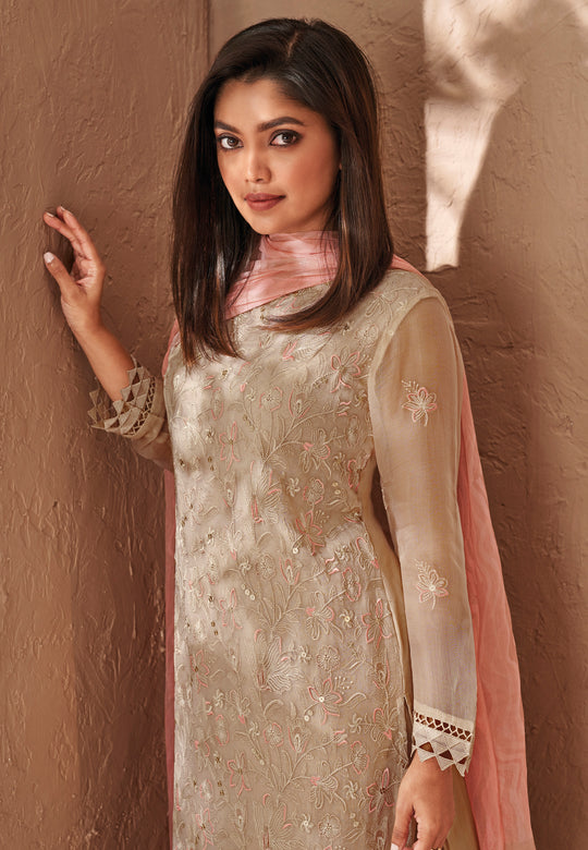 Pure Chiffon Embroidered Suit With Printed Bemberg Chiffon Dupatta Available in Beige