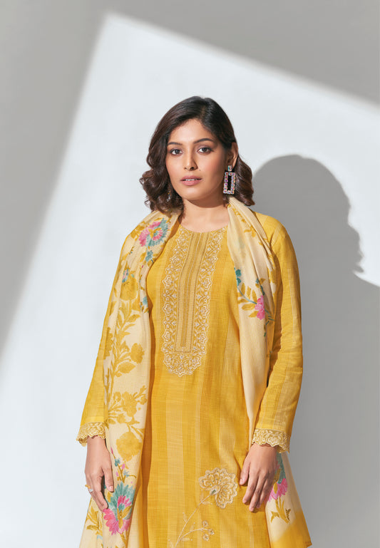 Muslin Linen Embroidered Suit With Printed Bemberg Chiffon Dupatta Available in Cyber Yellow