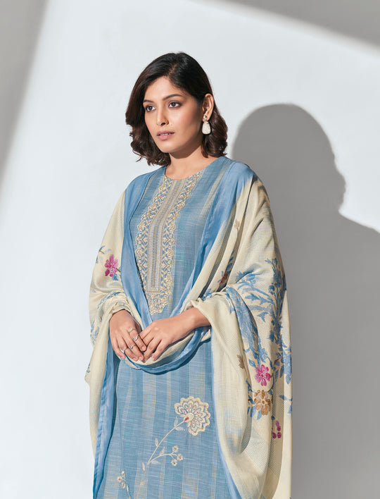 Muslin Linen Embroidered Suit With Printed Bemberg Chiffon Dupatta Available in Stone Blue