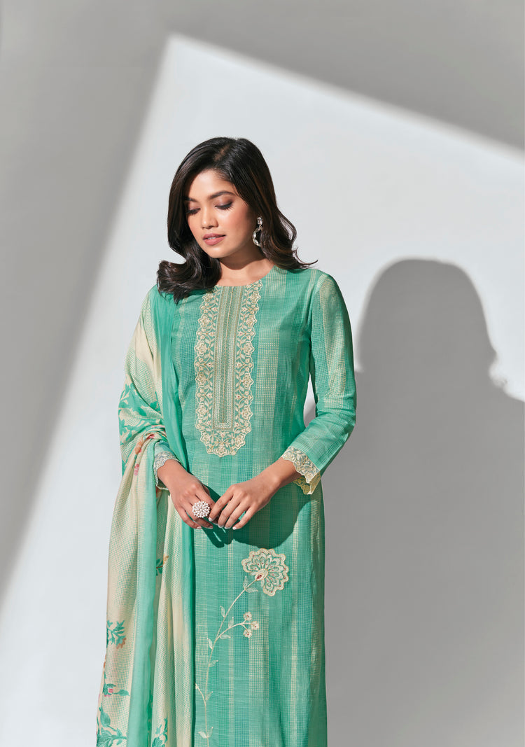 Muslin Linen Embroidered Suit With Printed Bemberg Chiffon Dupatta Available in Teal Blue