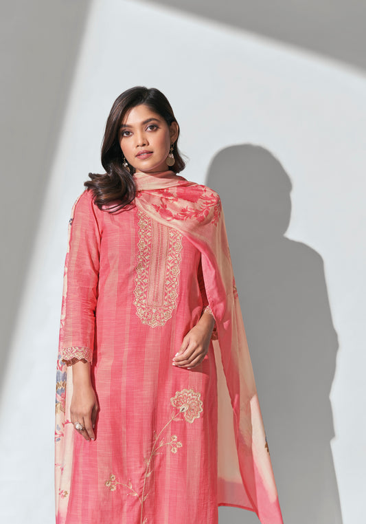 Muslin Linen Embroidered Suit With Printed Bemberg Chiffon Dupatta Available in Watermelon Pink