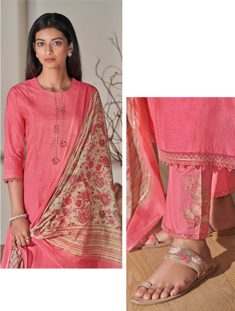 Lawn Cotton Print With Handwork Suit With Printed Malmal Cotton Dupatta Available in Watermelon Pink