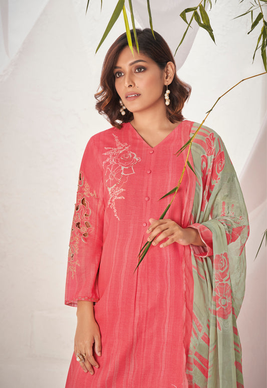 Linen Cotton Embroidered Suit With Printed Bemberg Chiffon Dupatta Available in Ultra Red