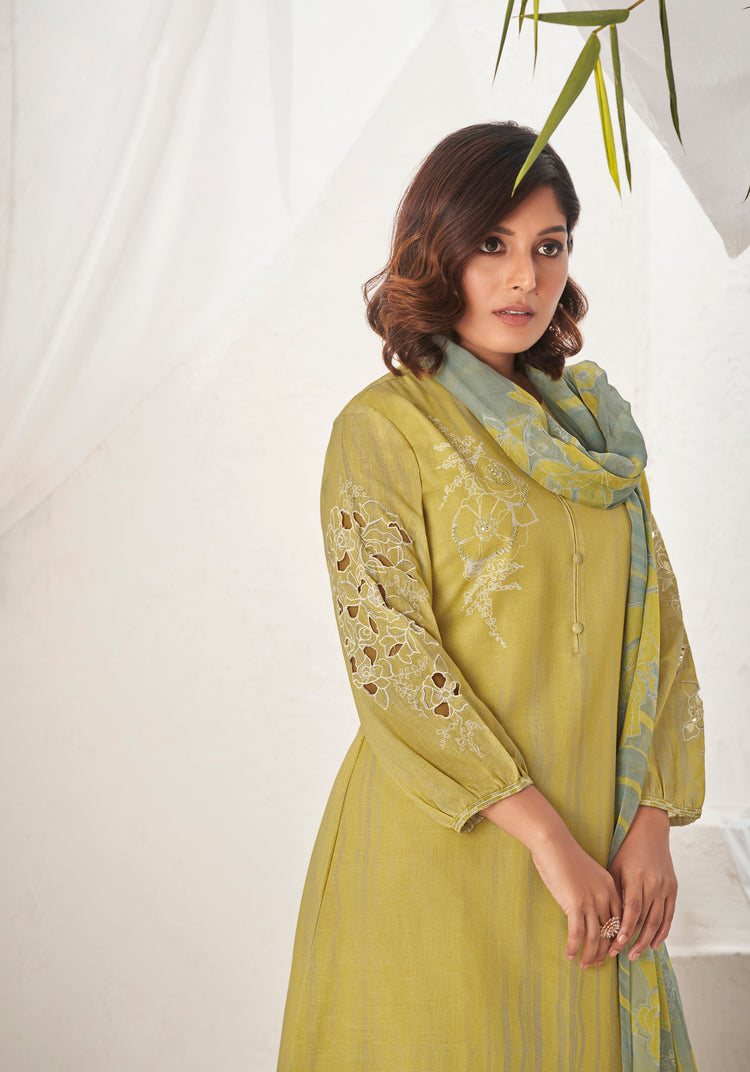 Linen Cotton Embroidered Suit With Printed Bemberg Chiffon Dupatta Available in Sandstorm Yellow