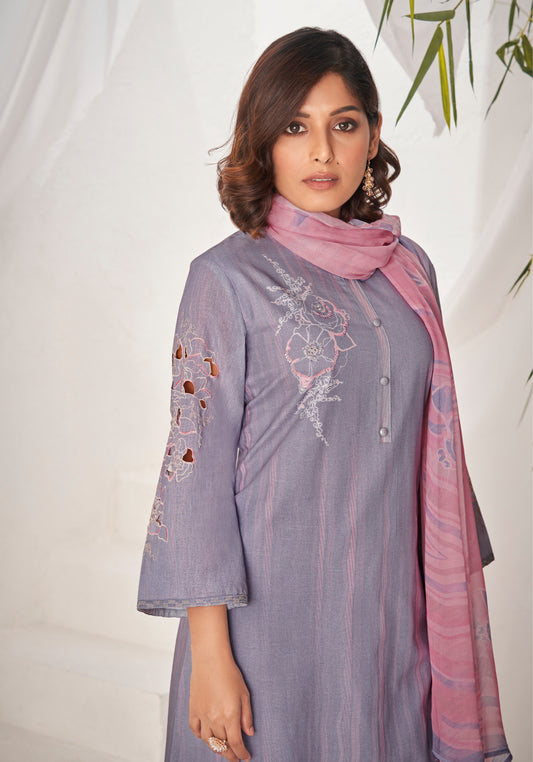 Linen Cotton Embroidered Suit With Printed Bemberg Chiffon Dupatta Available in Lavender