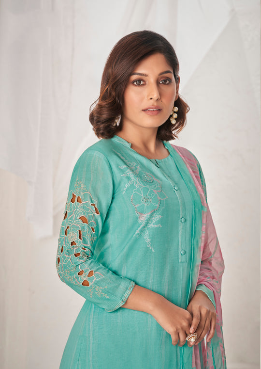 Linen Cotton Embroidered Suit With Printed Bemberg Chiffon Dupatta Available in Teal Blue