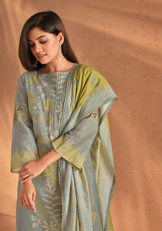 Ruia Linen Embroidered Suit With Printed Ruia Linen Dupatta Available in Silver Grey