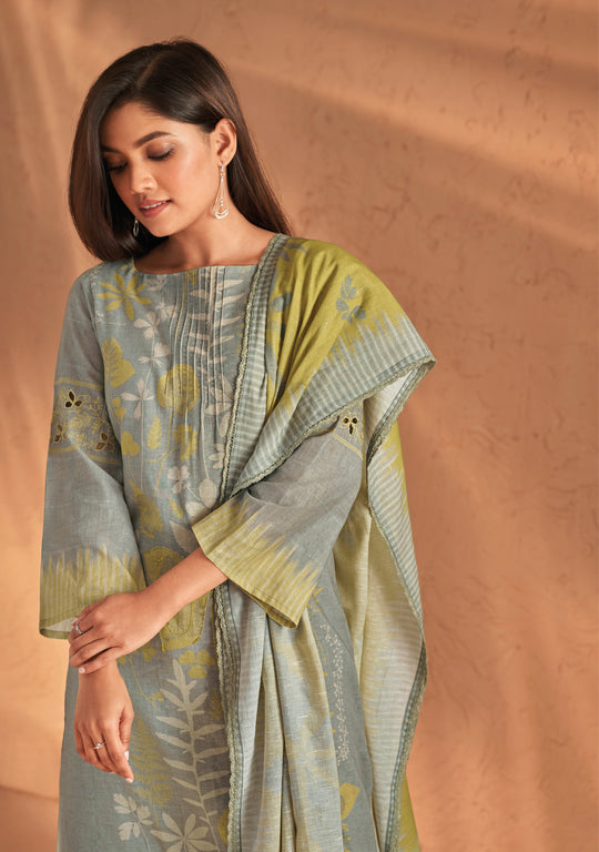 Ruia Linen Embroidered Suit With Printed Ruia Linen Dupatta Available in Silver Grey