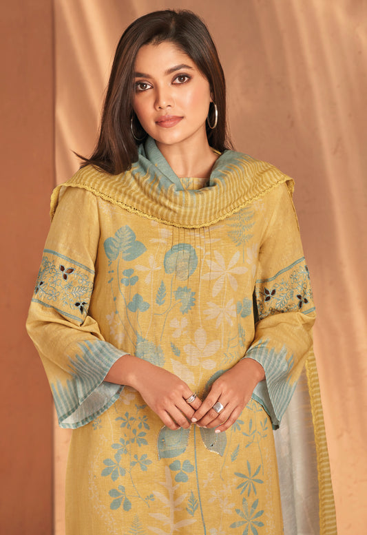 Ruia Linen Embroidered Suit With Printed Ruia Linen Dupatta Available in Daisy Yellow