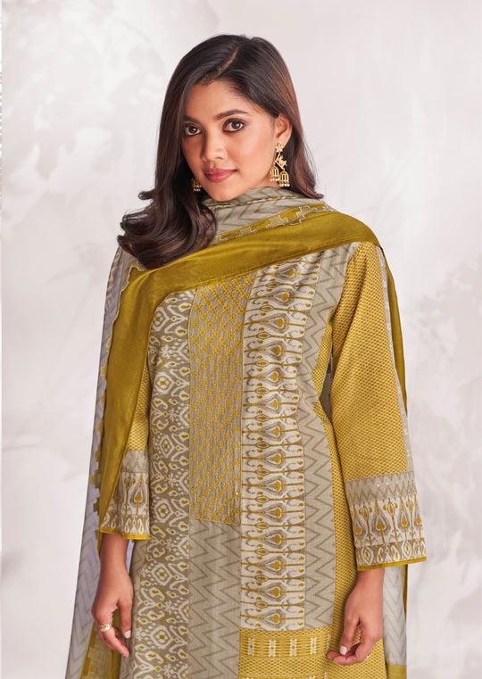 Linen Cotton Embroidered Suit With Printed Muslin Dupatta Available in Beige