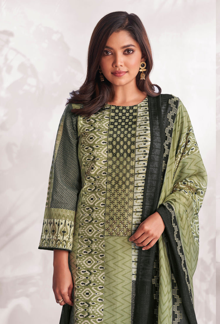 Linen Cotton Embroidered Suit With Printed Muslin Dupatta Available in Olive Green