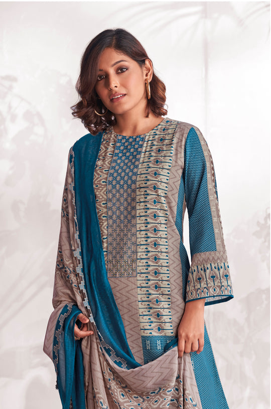 Linen Cotton Embroidered Suit With Printed Muslin Dupatta Available in German Grey