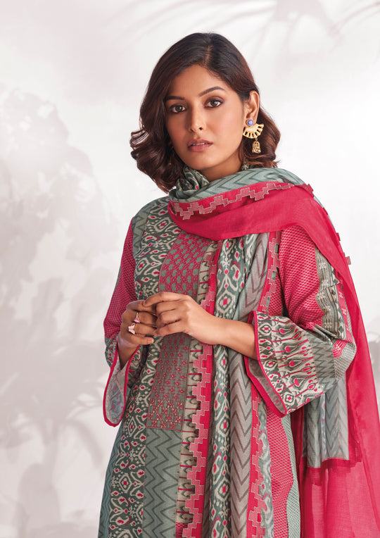 Linen Cotton Embroidered Suit With Printed Muslin Dupatta Available in Pink & Grey