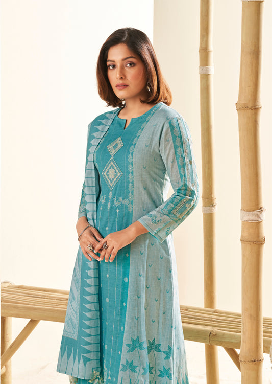 Ruia Linen Embroidered Suit With Printed Ruia Linen Dupatta Available in Sapphire Blue