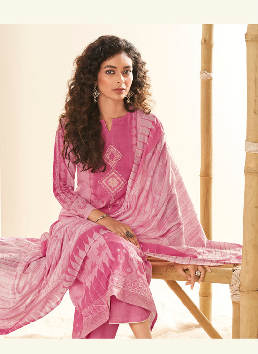 Ruia Linen Embroidered Suit With Printed Ruia Linen Dupatta Available in Watermelon Pink