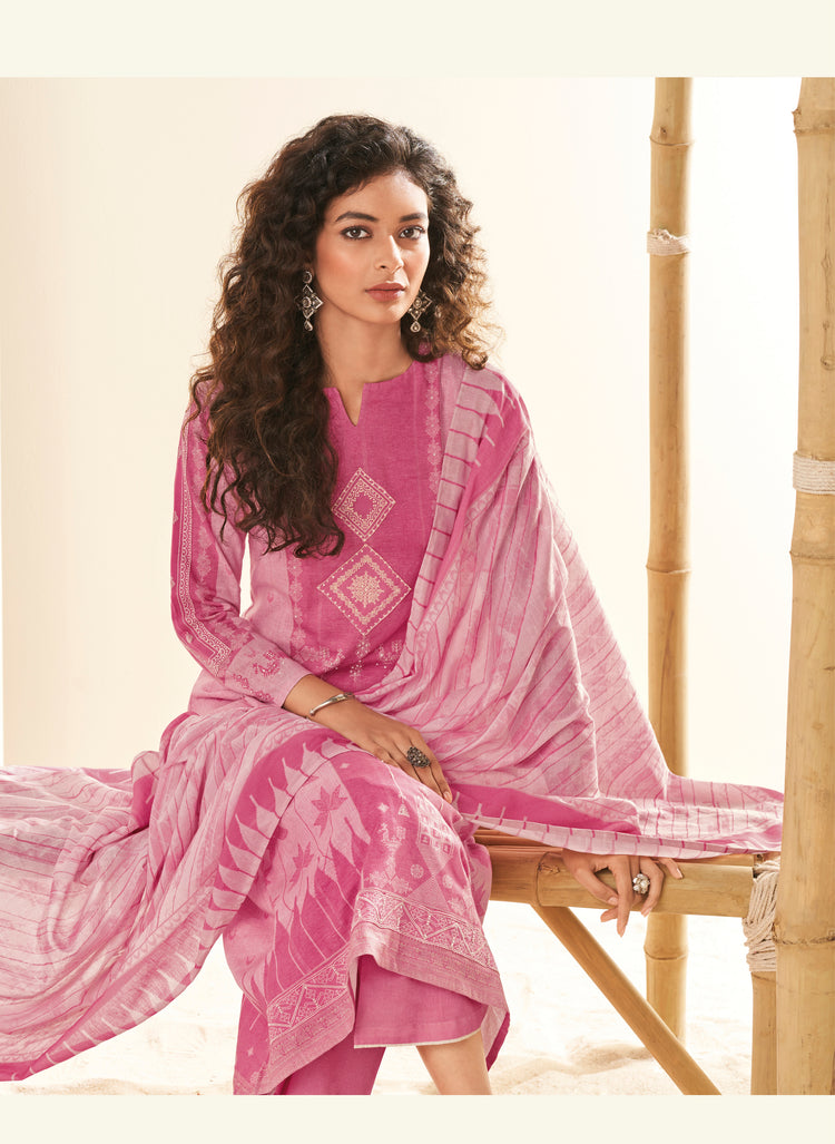 Ruia Linen Embroidered Suit With Printed Ruia Linen Dupatta Available in Watermelon Pink