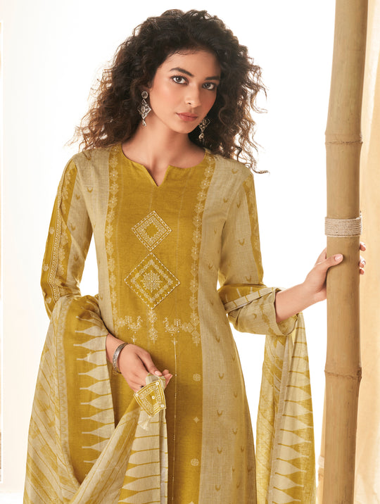 Ruia Linen Embroidered Suit With Printed Ruia Linen Dupatta Available in Munsell Yellow