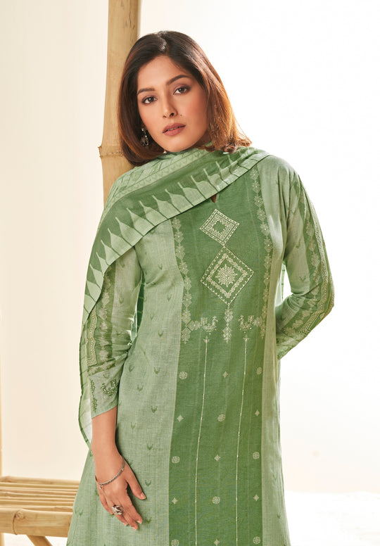 Ruia Linen Embroidered Suit With Printed Ruia Linen Dupatta Available in Crocodile Green