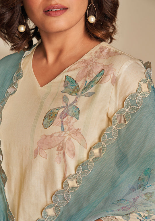 Lawn Cotton Print With Handwork Suit With Embroidered Organza Dupatta Available in Cream