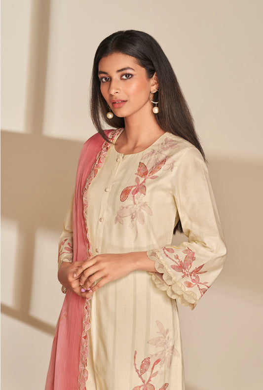 Lawn Cotton Print With Handwork Suit With Embroidered Organza Dupatta Available in Cream