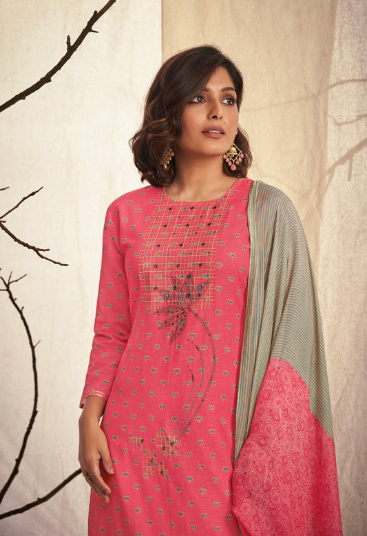 Linen Cotton Embroidered Suit With Printed Muslin Dupatta Available in Watermelon Pink