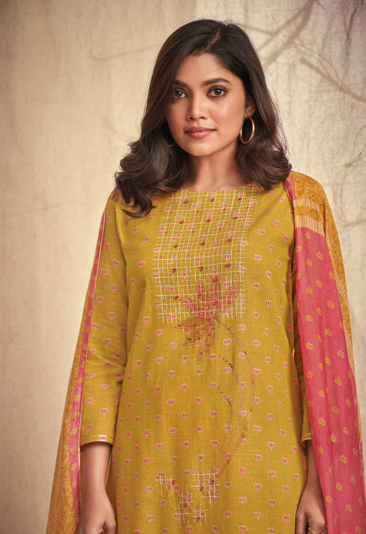 Linen Cotton Embroidered Suit With Printed Muslin Dupatta Available in Medallion Yellow