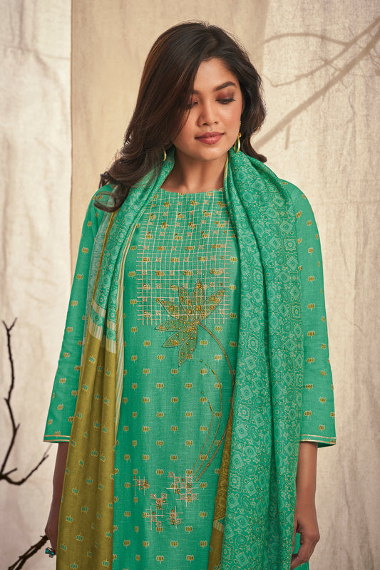 Linen Cotton Embroidered Suit With Printed Muslin Dupatta Available in Teal Blue