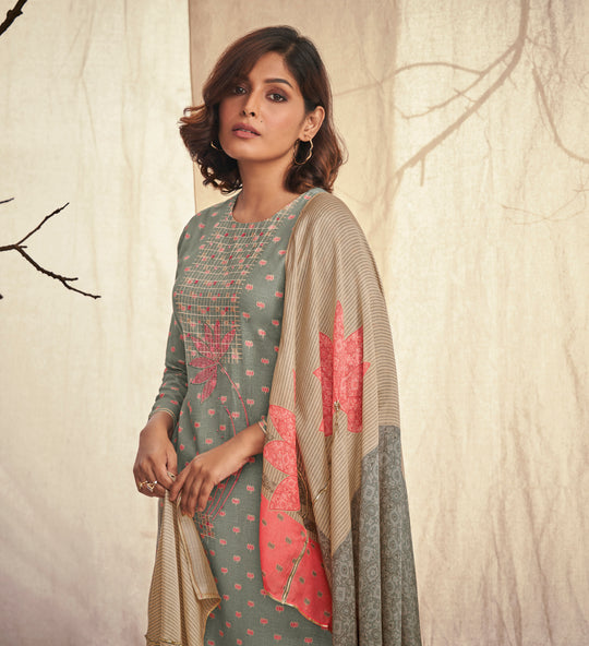 Linen Cotton Embroidered Suit With Printed Muslin Dupatta Available in Grey