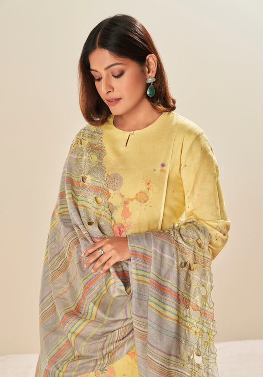 Ruia Linen Print With Handwork Suit With Embroidered Ruia Linen Dupatta Available in Lemon Yellow