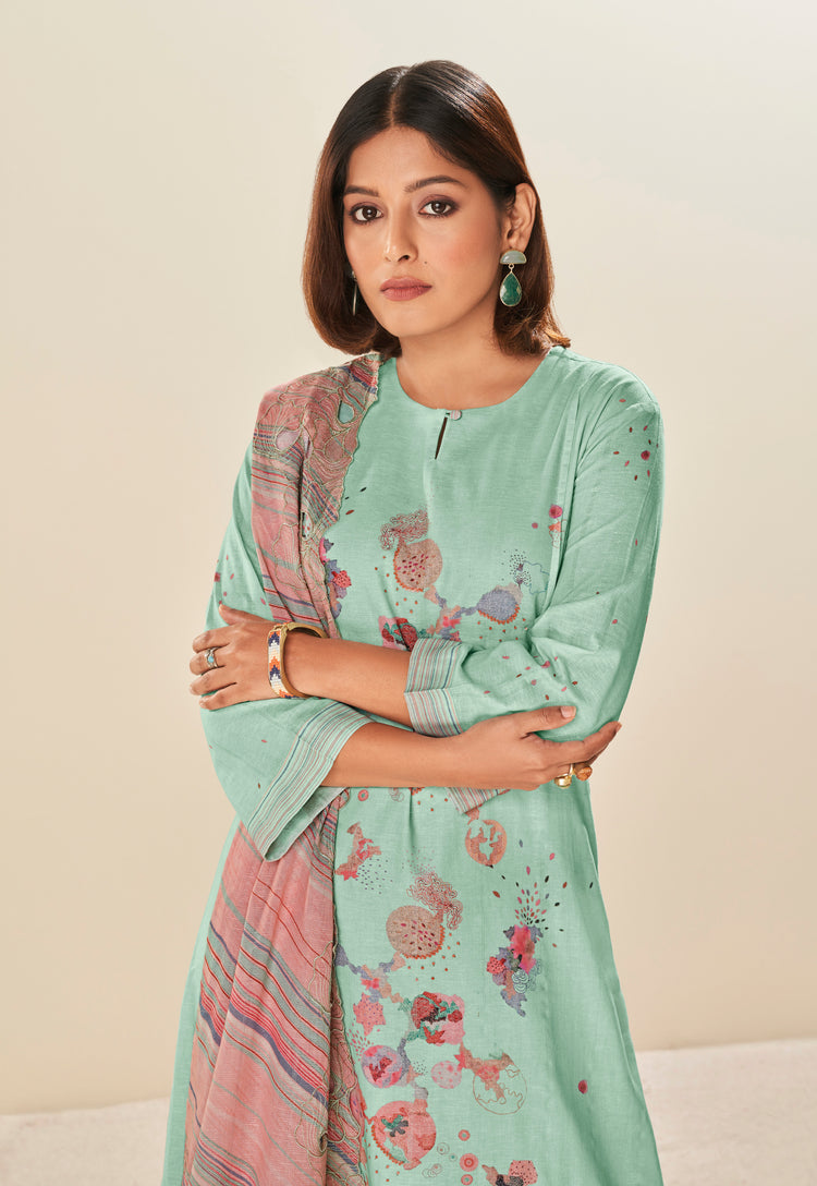 Ruia Linen Print With Handwork Suit With Embroidered Ruia Linen Dupatta Available in Teal Blue