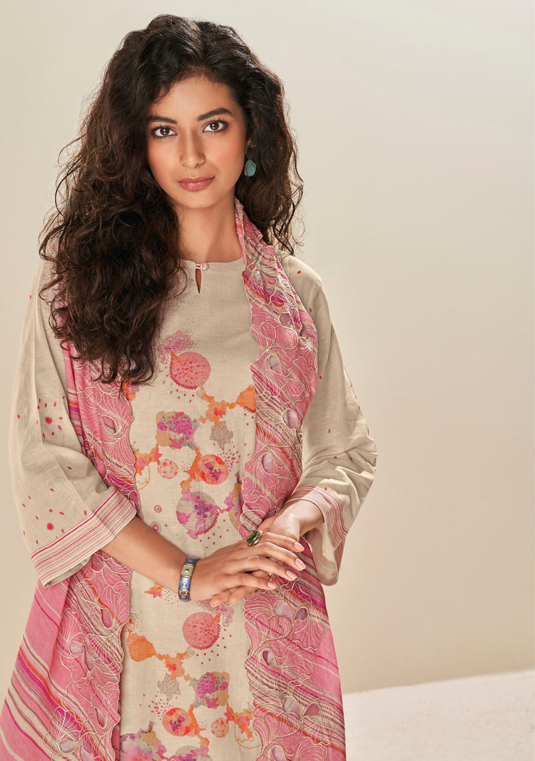 Ruia Linen Print With Handwork Suit With Embroidered Ruia Linen Dupatta Available in Cream