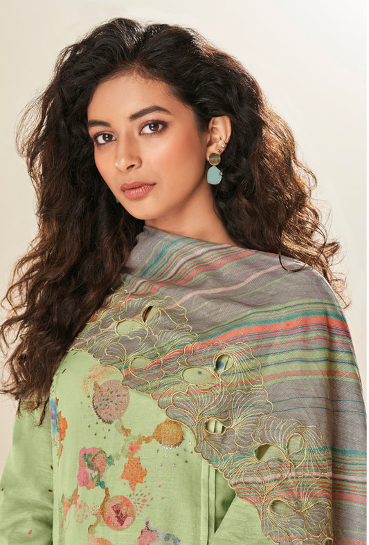 Ruia Linen Print With Handwork Suit With Embroidered Ruia Linen Dupatta Available in Tea Green