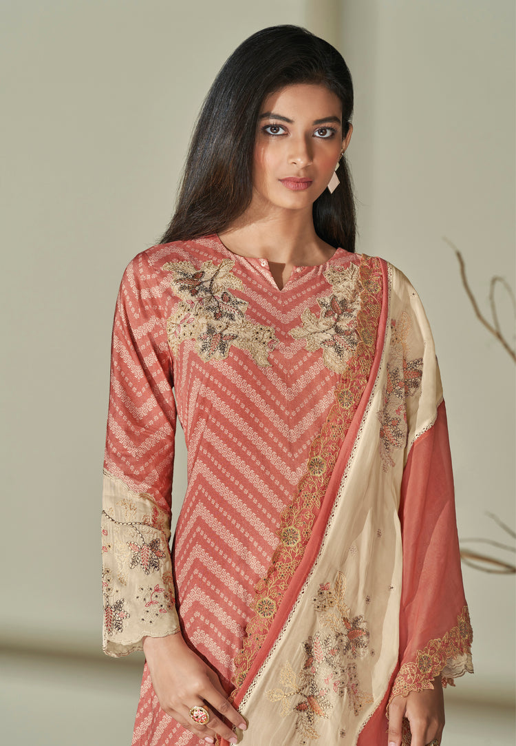 Lawn Cotton Embroidered Suit With Embroidered Organza Dupatta Available in Peach