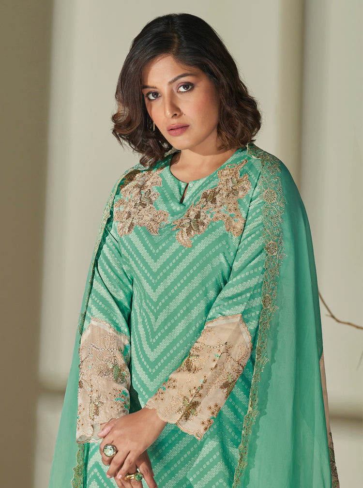 Lawn Cotton Embroidered Suit With Embroidered Organza Dupatta Available in Teal Blue