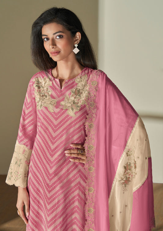 Lawn Cotton Embroidered Suit With Embroidered Organza Dupatta Available in Pink