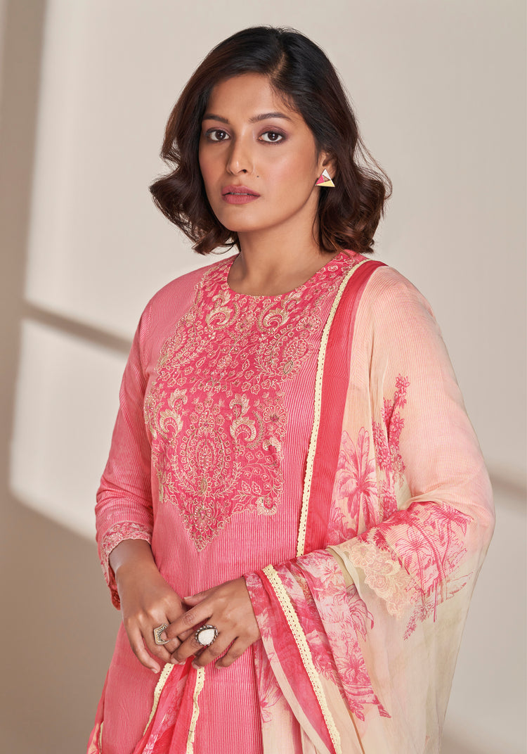 Lawn Cotton Embroidery With Handwork Suit With Printed Bemberg Chiffon Dupatta Available in Watermelon Pink