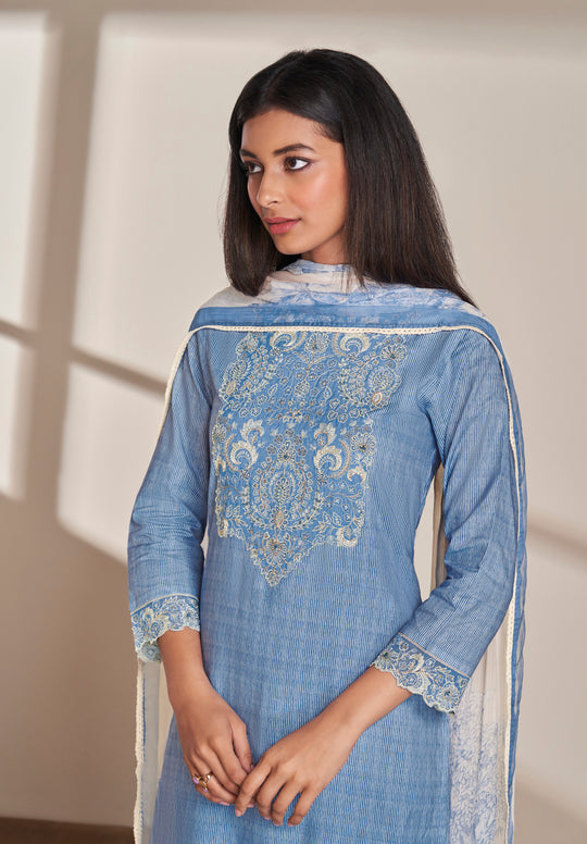 Lawn Cotton Embroidery With Handwork Suit With Printed Bemberg Chiffon Dupatta Available in Powder Blue