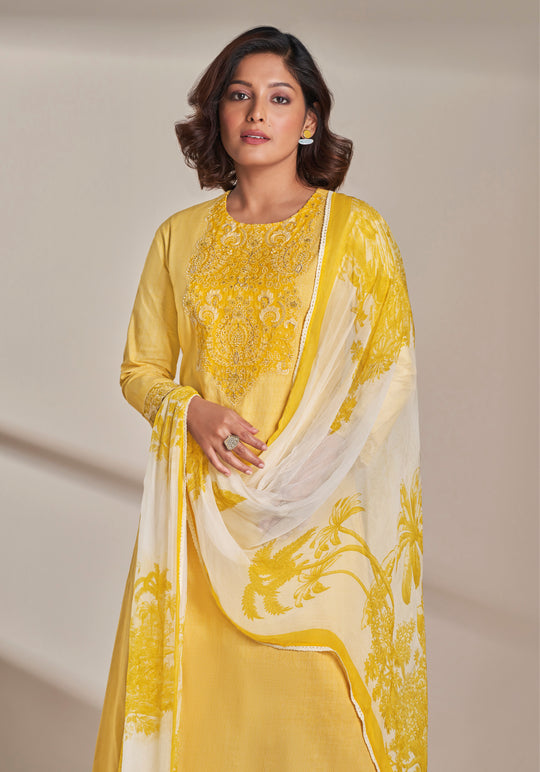 Lawn Cotton Embroidery With Handwork Suit With Printed Bemberg Chiffon Dupatta Available in Lemon Yellow