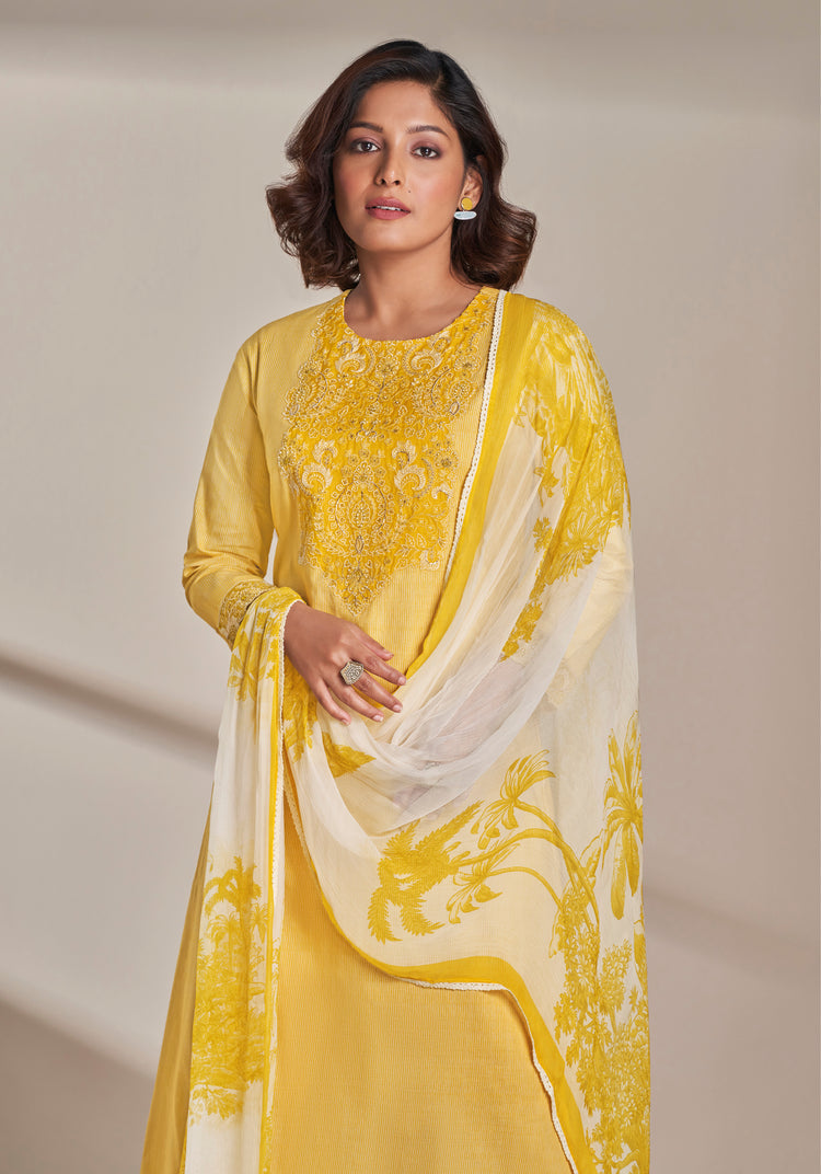 Lawn Cotton Embroidery With Handwork Suit With Printed Bemberg Chiffon Dupatta Available in Lemon Yellow