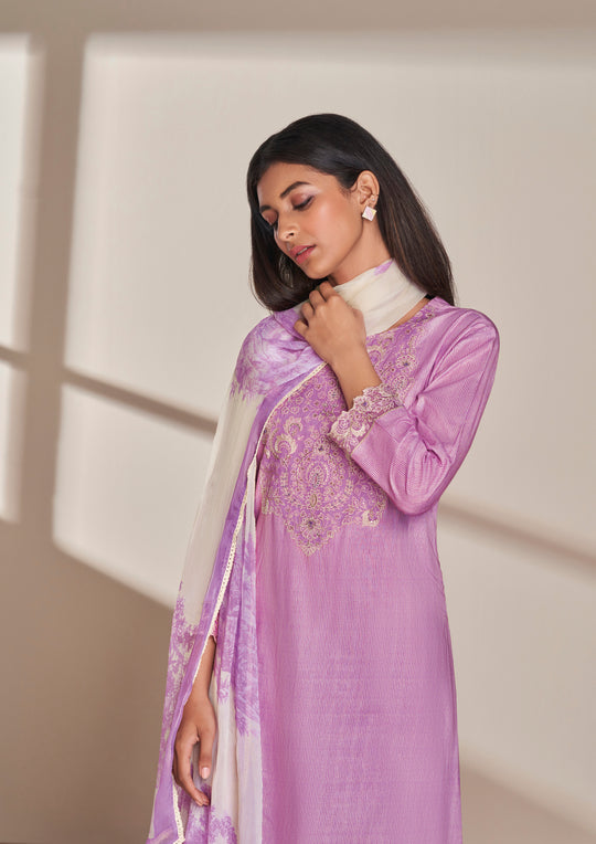 Lawn Cotton Embroidery With Handwork Suit With Printed Bemberg Chiffon Dupatta Available in Lavender